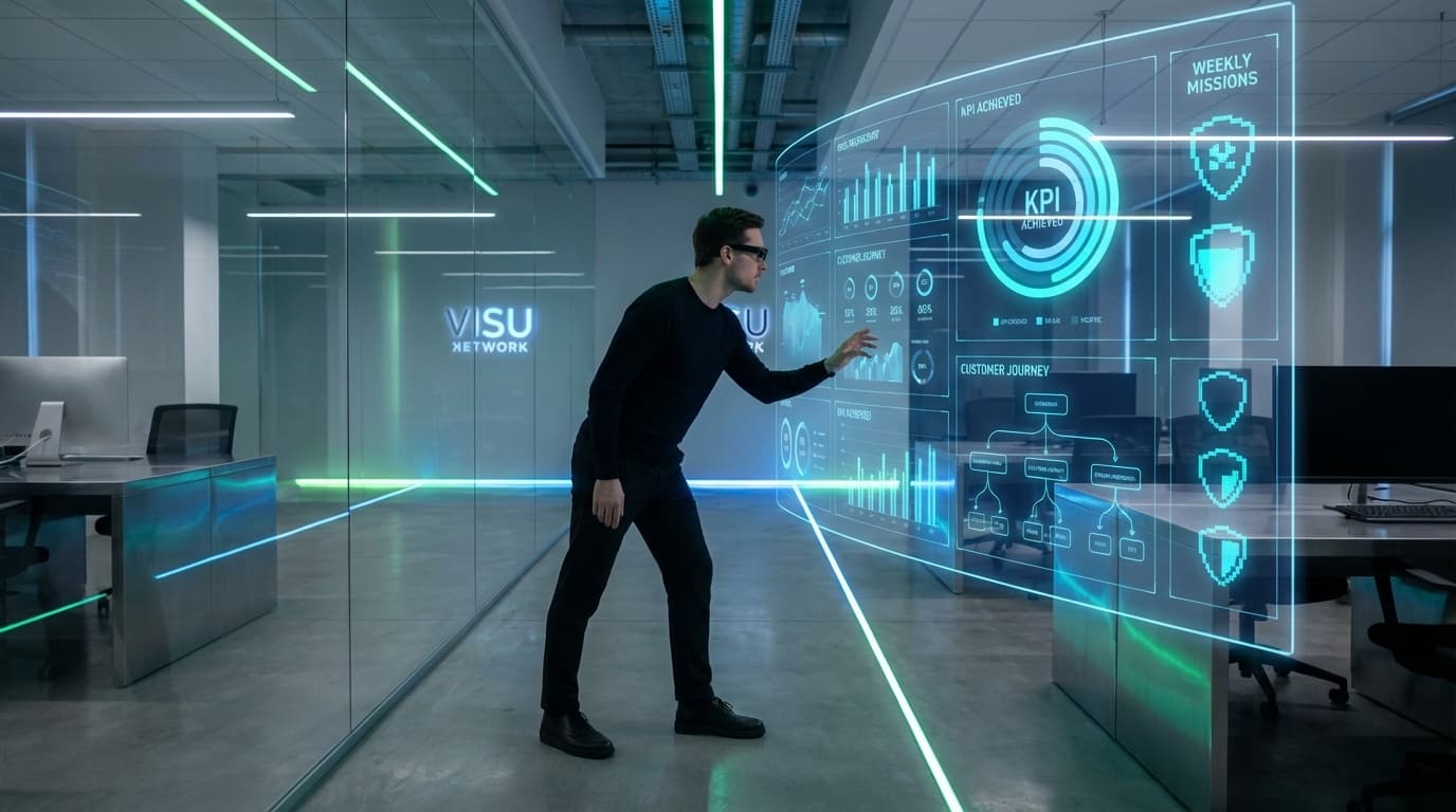 Marketer planning gamification strategy on a digital dashboard with missions, KPIs and progress loops.