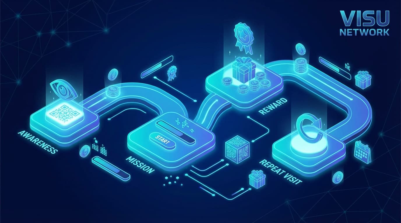 Customer journey diagram showing gamification marketing stages and QR code based rewards.