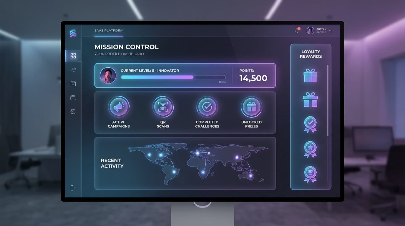 Gamification marketing dashboard showing missions, points and loyalty rewards for a brand campaign.