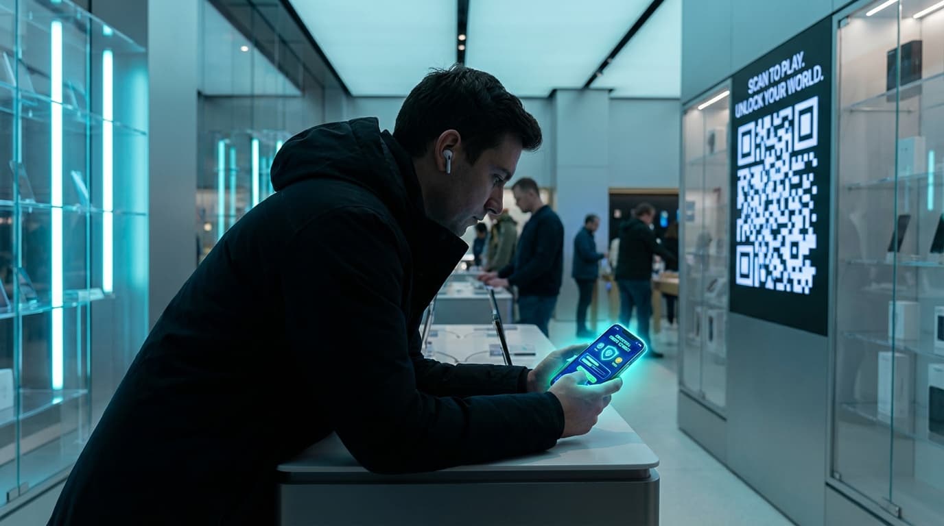 Customer scanning a QR code in a store to join a gamified mission on a smartphone.