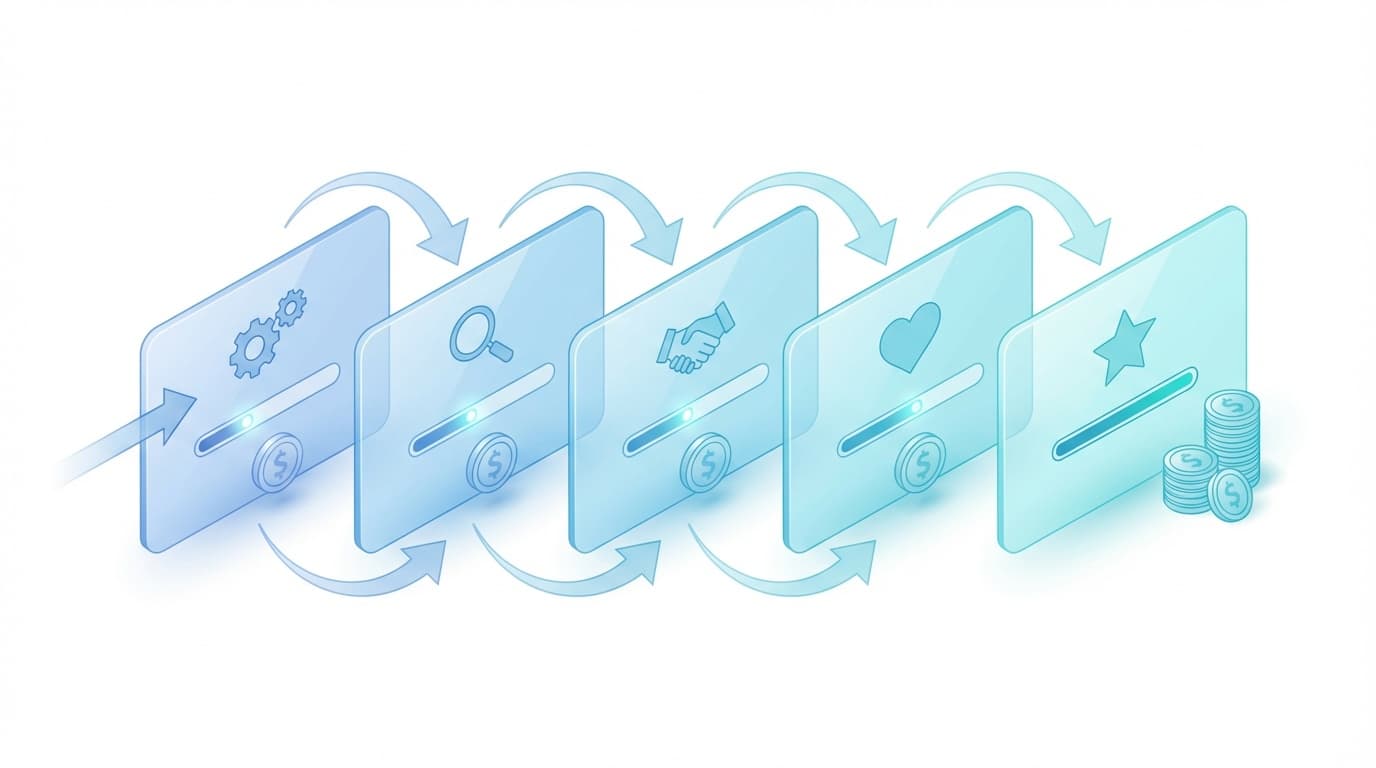 Wide funnel diagram showing customer journey stages with missions, progress bars and level upgrades.
