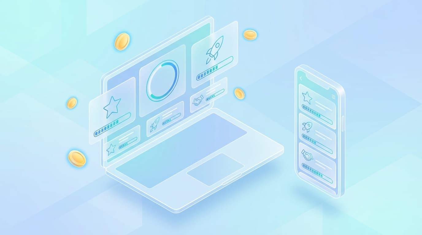 Wide diagram of a gamified customer journey map with stages, missions and rewards around a smartphone.