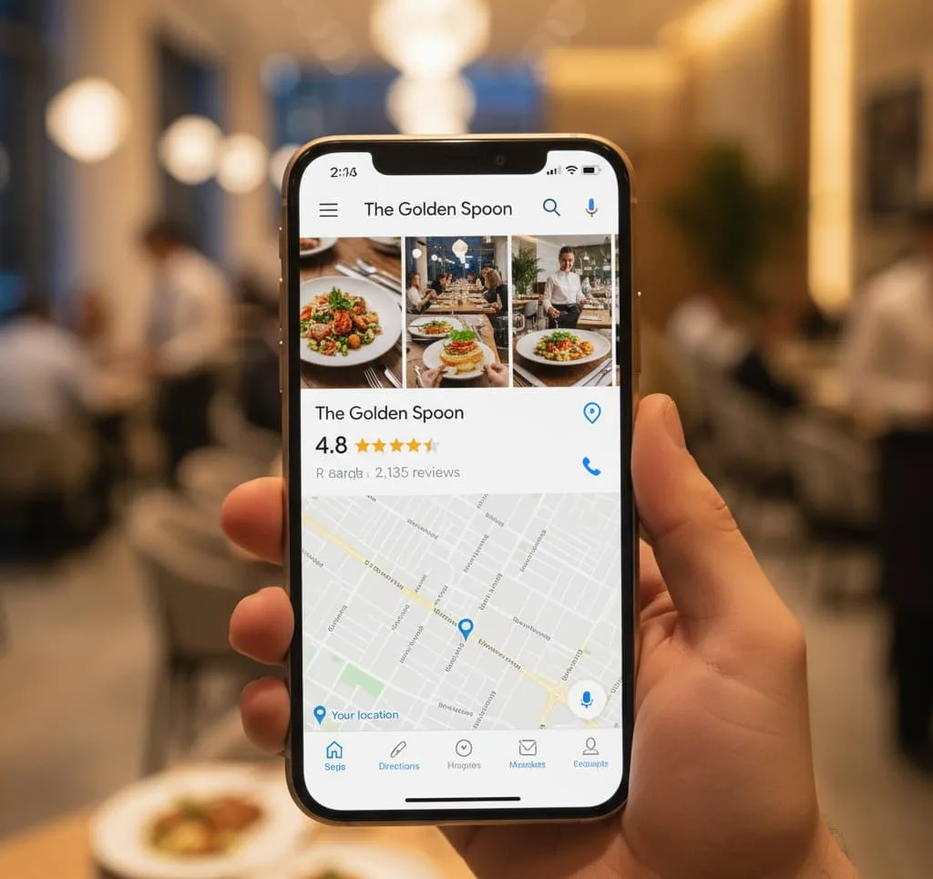 Smartphone mostrando la ficha de un restaurante en Google Maps con buenas reseñas y fotos