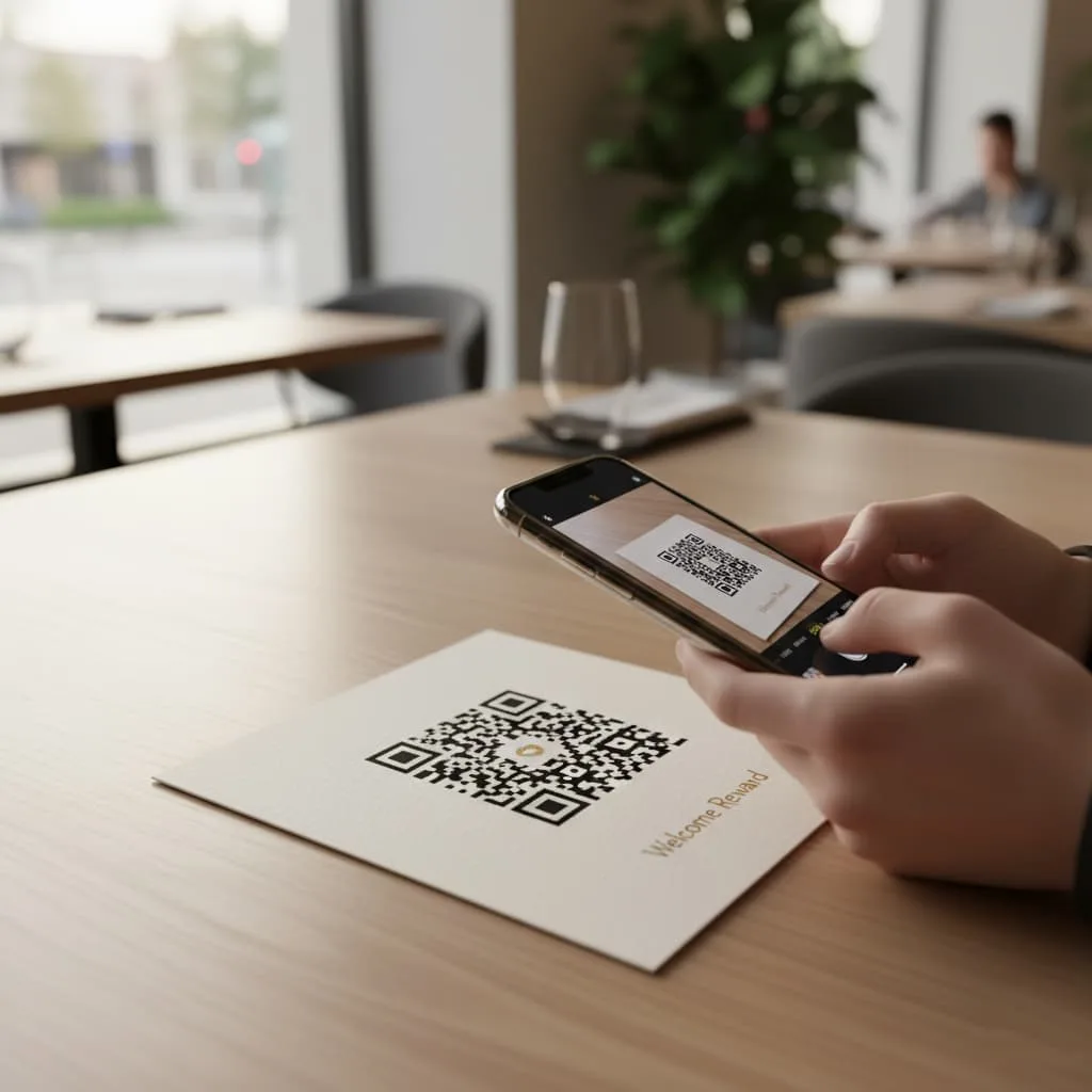 Comensal escaneando un código QR en la mesa del restaurante para desbloquear una recompensa de bienvenida