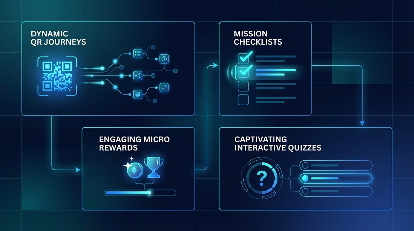 Grid of interactive marketing examples including QR journeys, missions, quizzes and micro rewards.