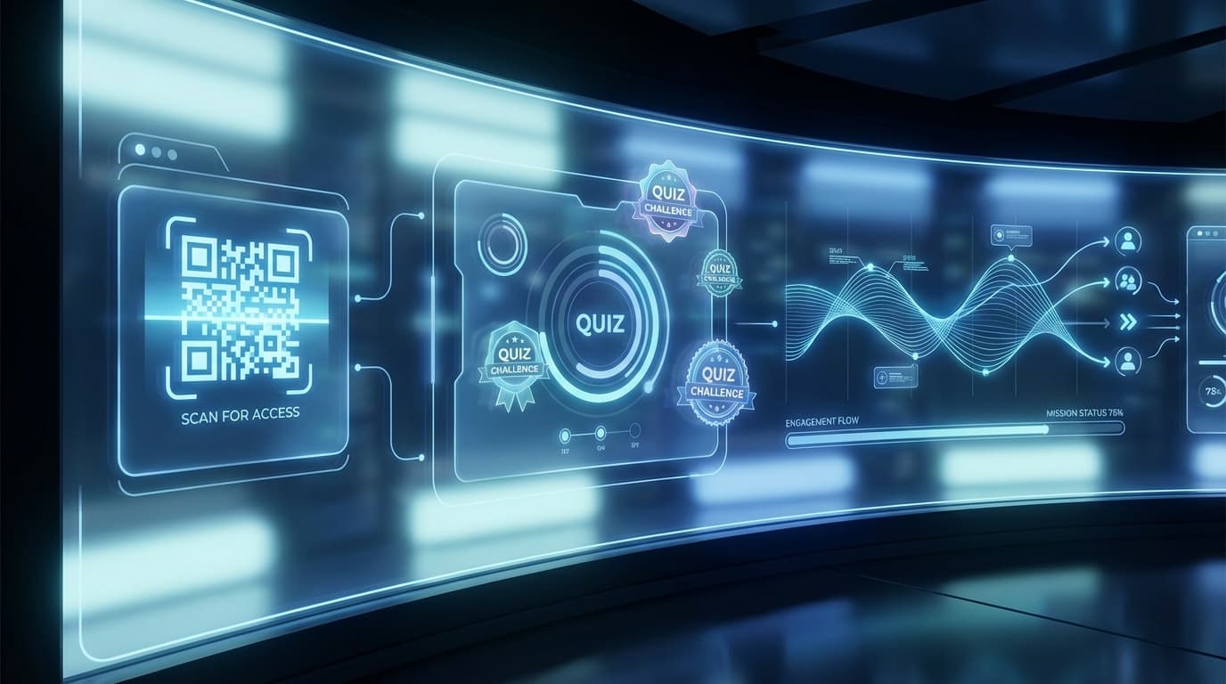 Illustration showing interactive marketing with QR scans, mission steps and personalized content blocks in real time.