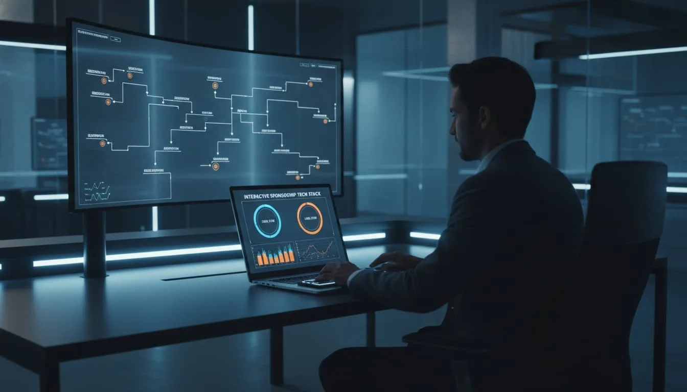 Marketer de eventos revisando el stack de tecnología interactiva para patrocinios en un portátil con dashboards