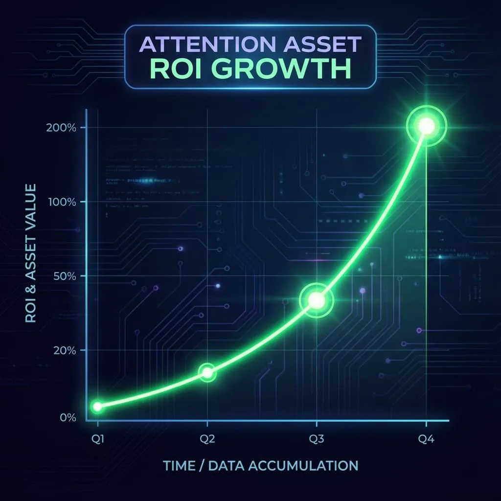 Gráfico de líneas mostrando el crecimiento del ROI de activos de atención a lo largo del tiempo.