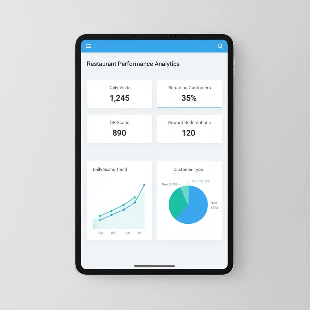 Dashboard digital mostrando visitas de fidelización del restaurante y escaneos QR a lo largo del tiempo