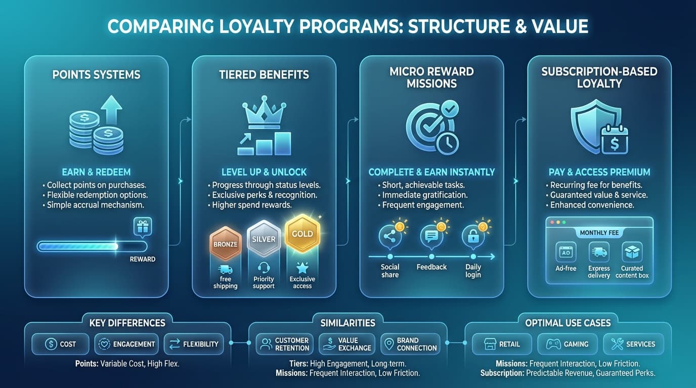 Diagram showing how modern loyalty points systems track actions, award points and unlock rewards.