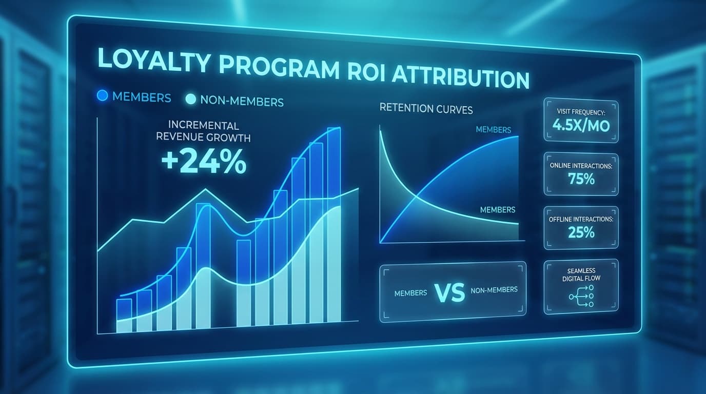 Loyalty ROI attribution dashboard showing incremental revenue, member versus non member performance and retention curves.
