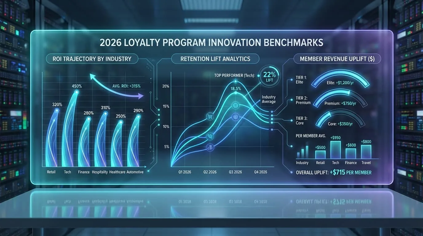 Gráficos de benchmarks mostrando ROI de fidelización, aumento de retención e incremento de ingresos por miembro en distintas industrias en 2026