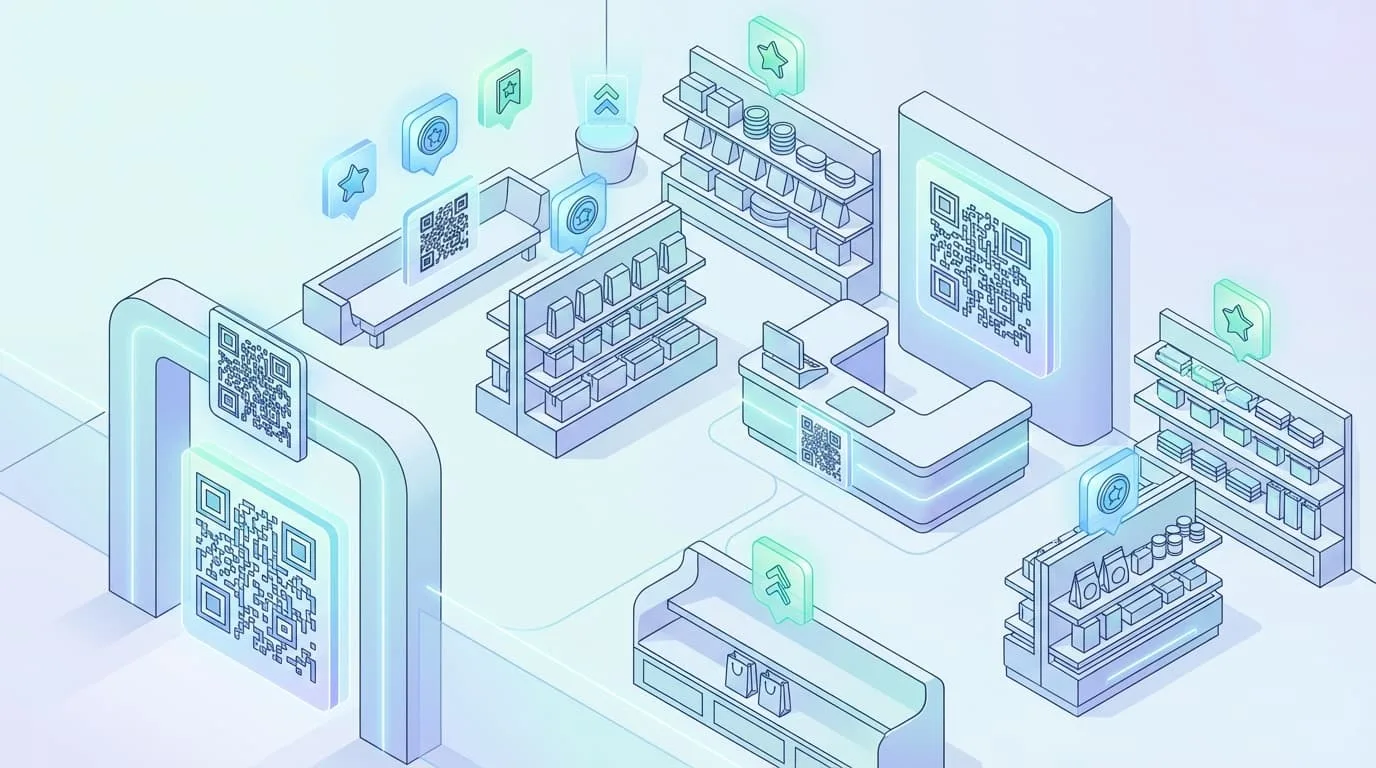 Layout de tienda de retail con misiones QR y pequeñas recompensas en la entrada, los estantes y el checkout