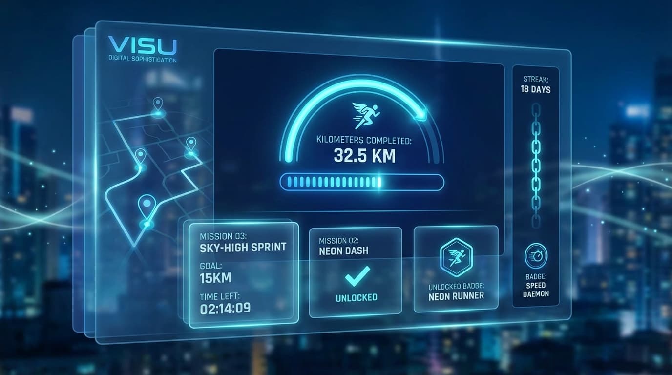 Nike style running challenge dashboard with missions, badges and progress tracking.