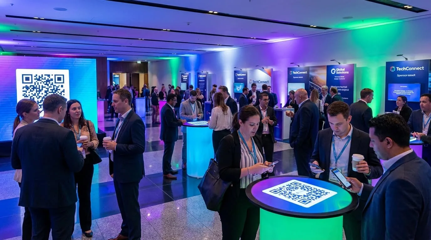 asistentes escaneando códigos QR y uniéndose a misiones en un venue de evento concurrido