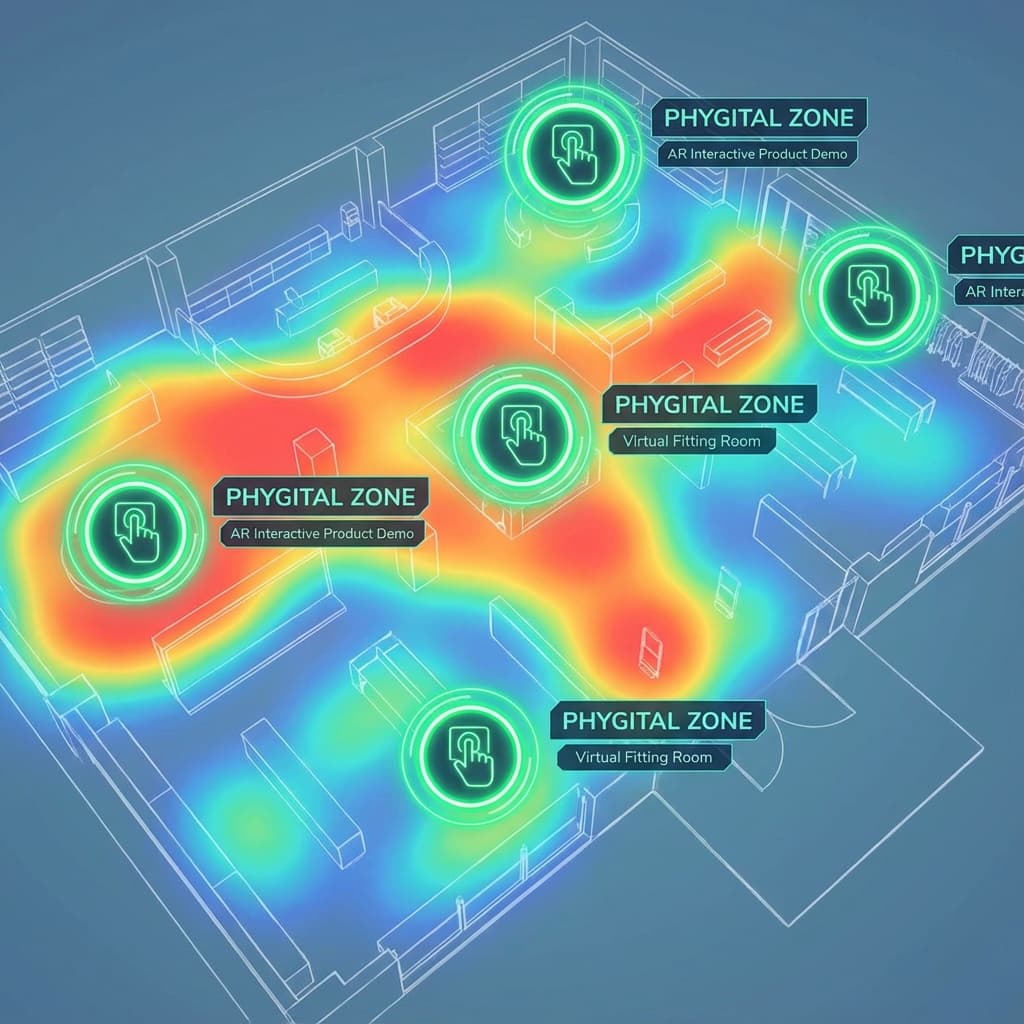 Diagram of a store layout marked with high intent phygital zones.