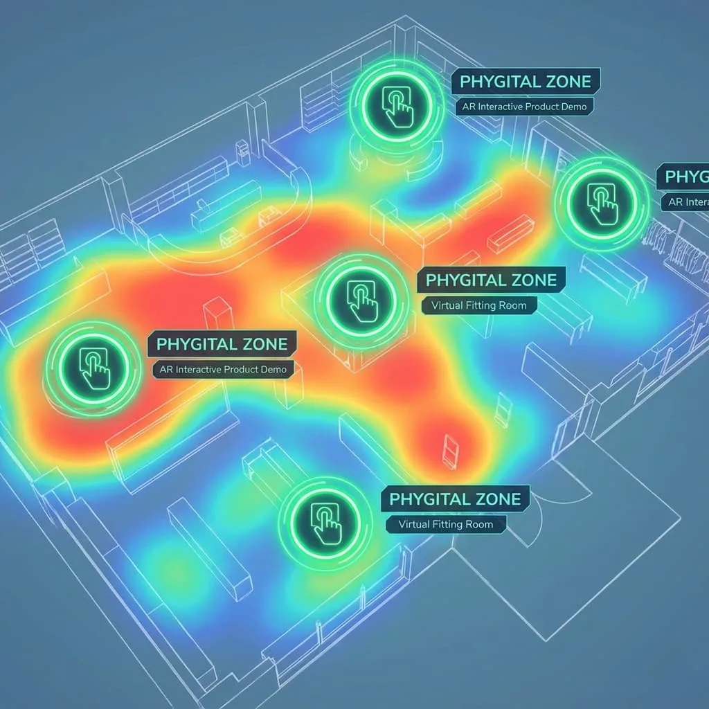 Diagram of a store layout marked with high intent phygital zones.