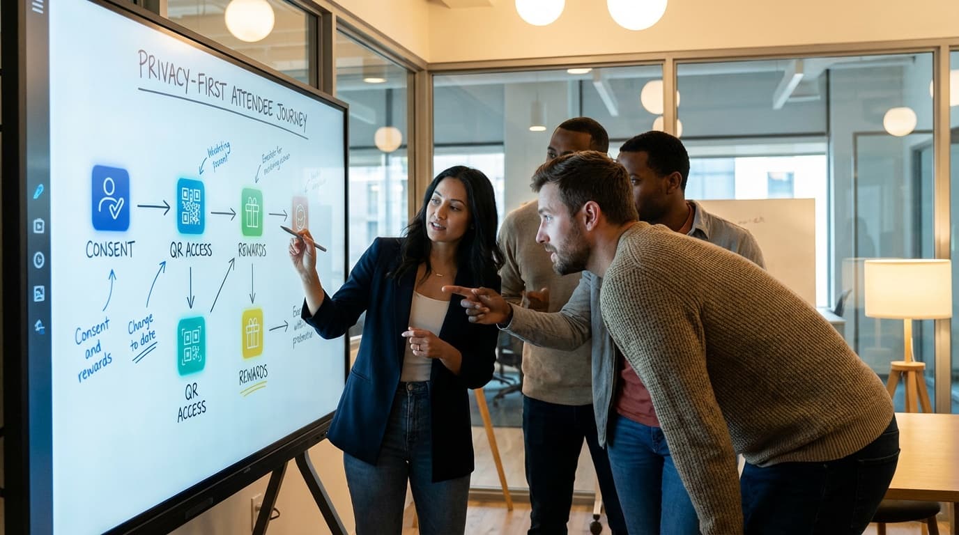 Event team designing a privacy friendly attendee data journey on a digital board