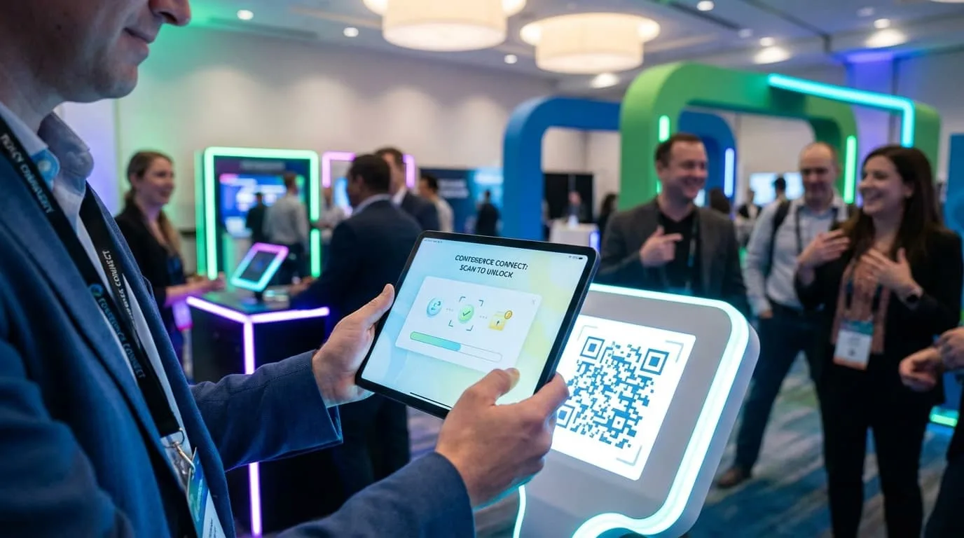 Asistente escaneando códigos QR en distintas zonas del evento mientras su perfil progresivo se construye en pantalla