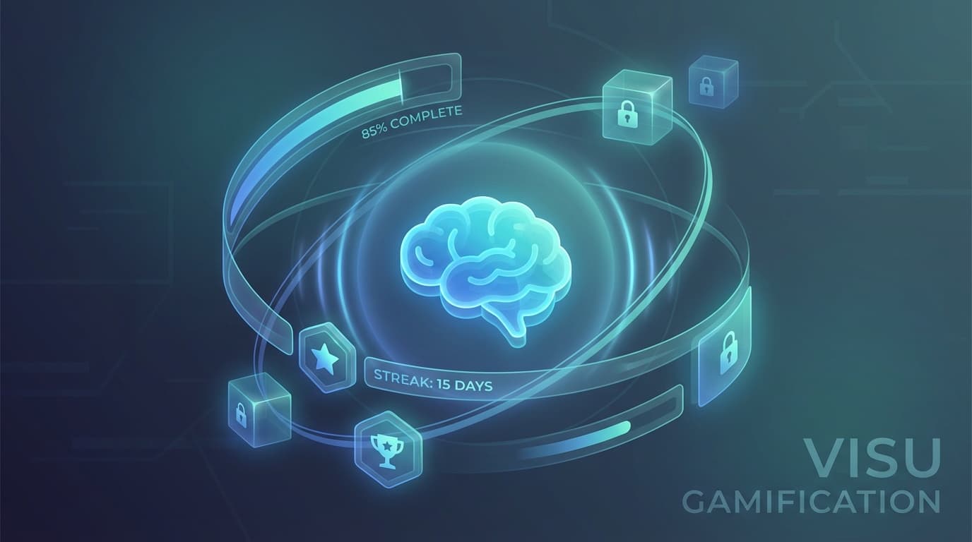 Illustration of dopamine, progress bars and achievement badges representing gamification psychology.