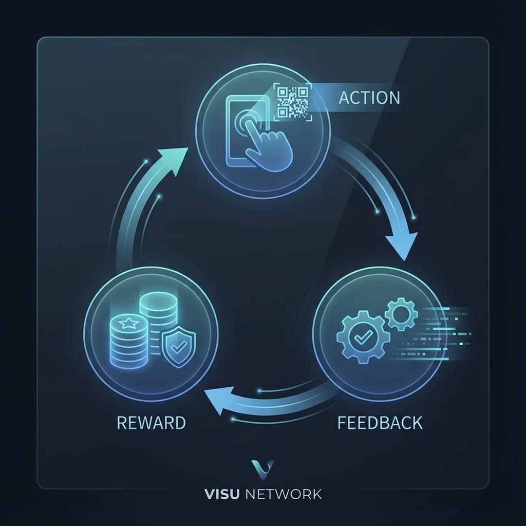 Diagram of a gamification reward loop showing action, feedback and reward stages.