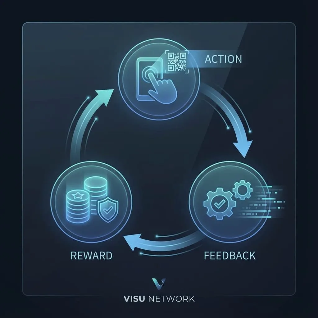 Diagrama del ciclo de recompensa en gamificación mostrando las etapas de acción, feedback y recompensa