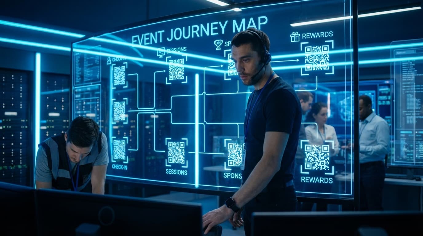 Event organizer mapping QR code touchpoints across an event journey on a digital board