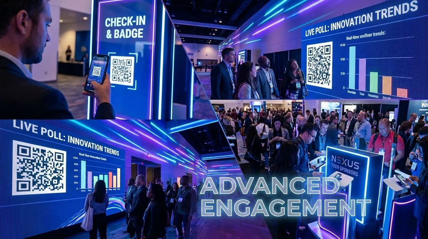 Asistentes escaneando diferentes códigos QR para check-in, sesiones y activaciones de patrocinadores en un evento