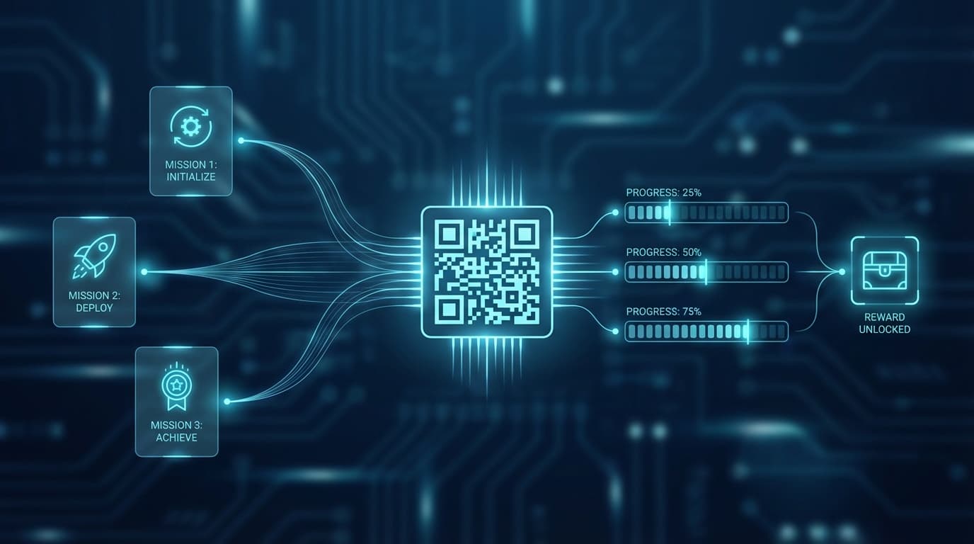 Diagram of a QR code gamification mission flow from scan to progress to reward.