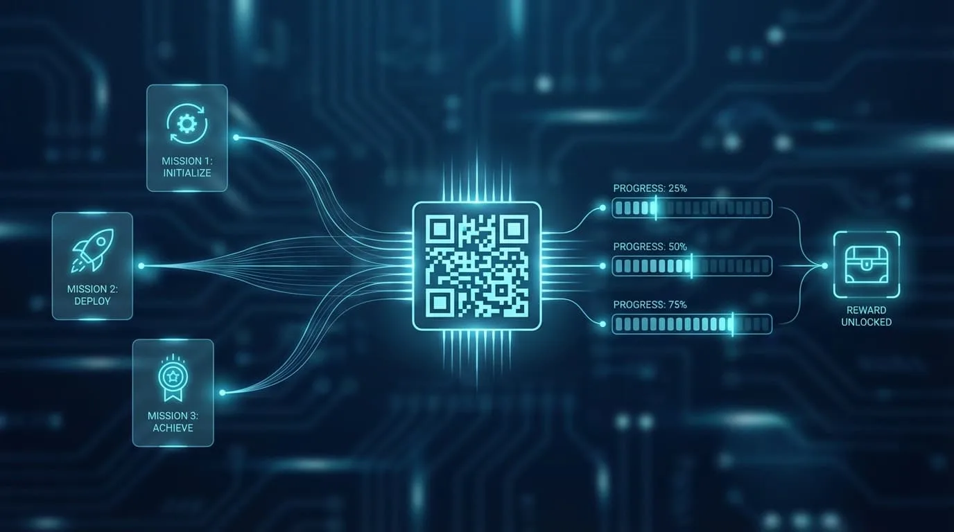 Diagrama mostrando un flujo de gamificación con código QR desde el escaneo hasta el progreso y la recompensa