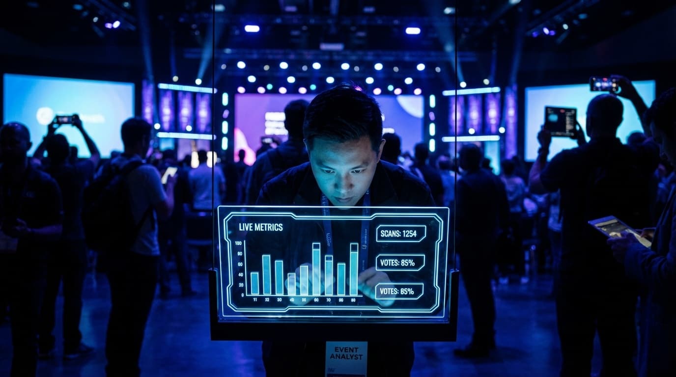 Event marketer monitoring real time engagement metrics on a dashboard