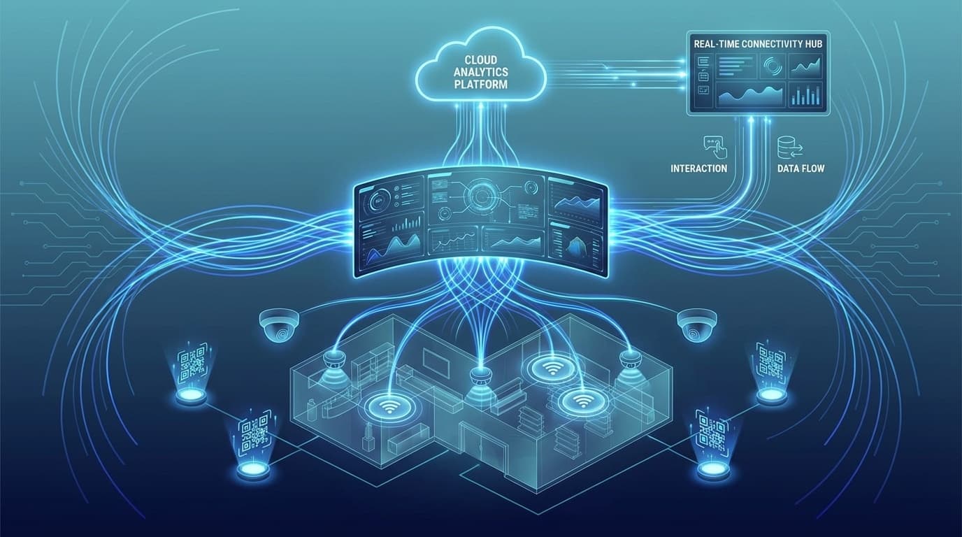 Diagram of physical space instrumentation layer with Wi Fi, cameras, QR codes and analytics platform.