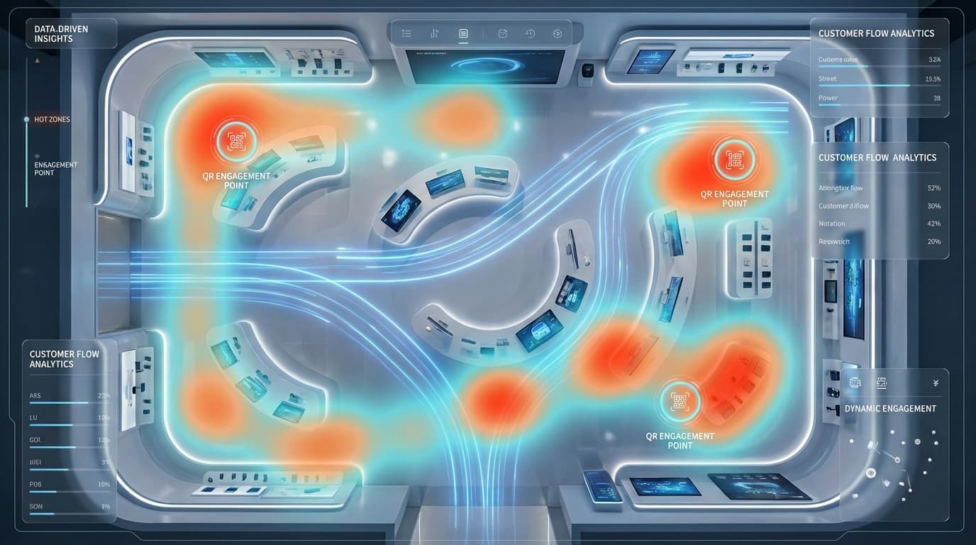 Real time store engagement heatmap showing movement paths, hot zones and QR interactions.
