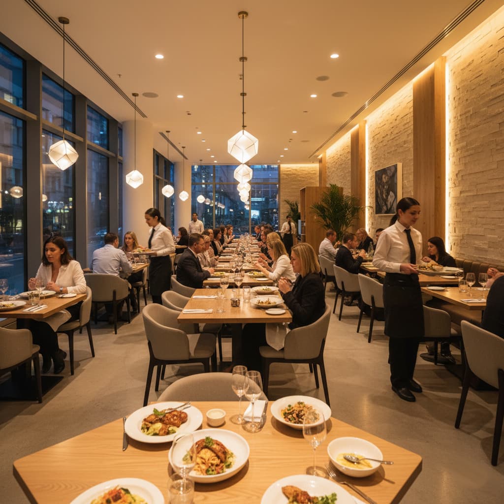 Busy restaurant dining room with customers and staff during service