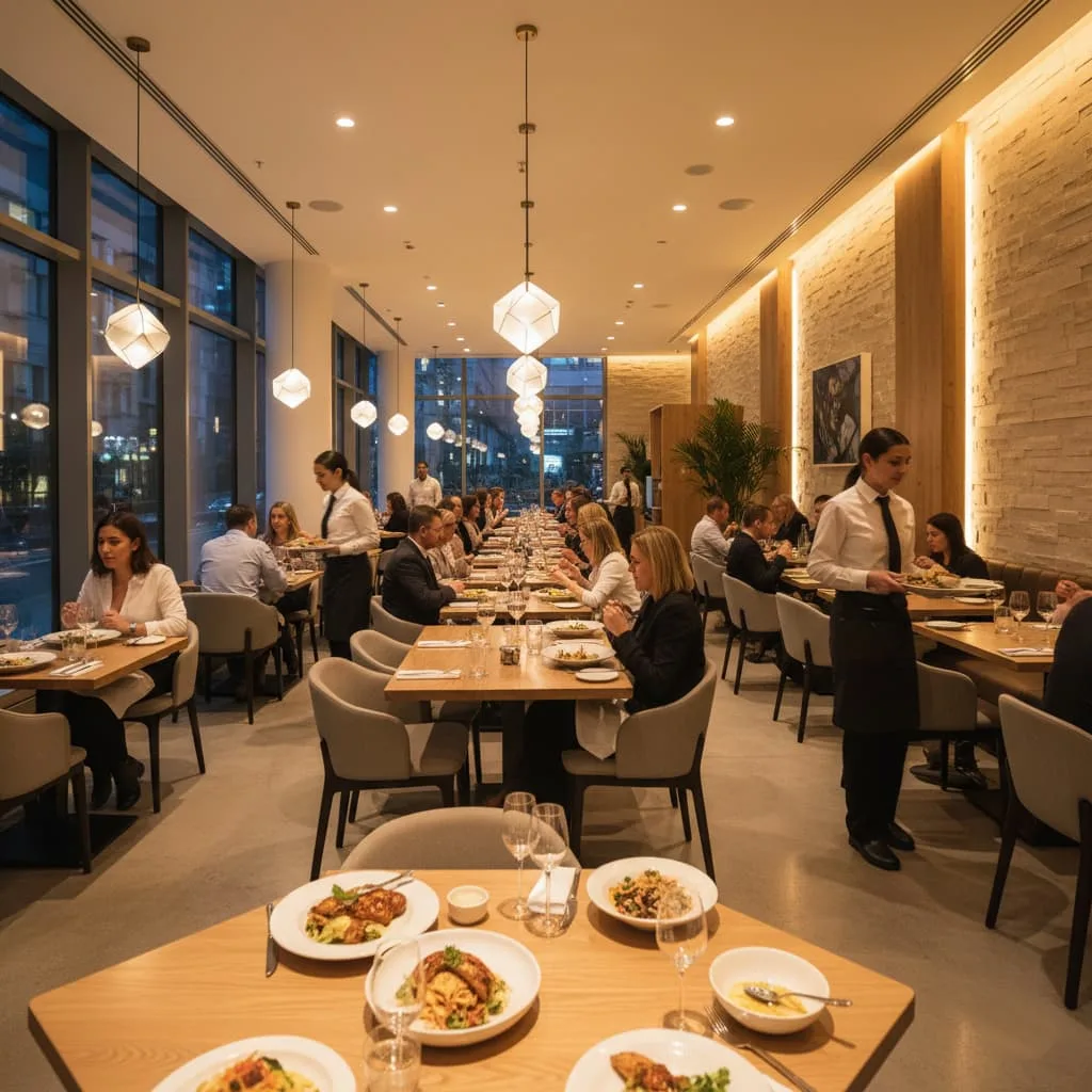 Comedor de restaurante concurrido con clientes y personal durante el servicio