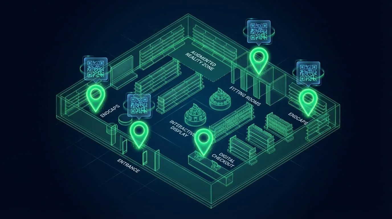 Mapa de una tienda retail mostrando las 8 ubicaciones más comunes de códigos QR con ofertas ocultas