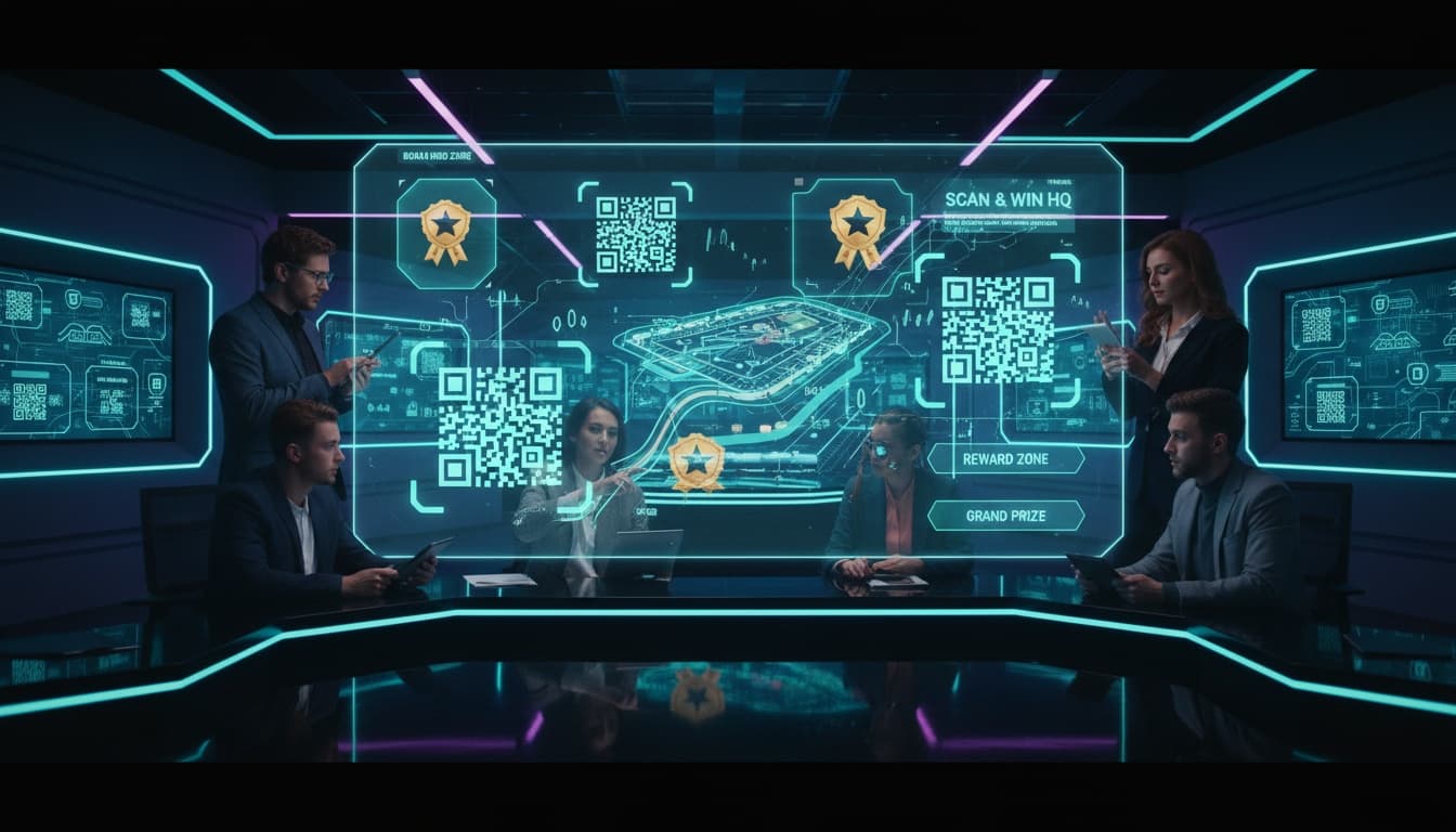 Event team planning a scan and win journey with QR codes and rewards on a digital board