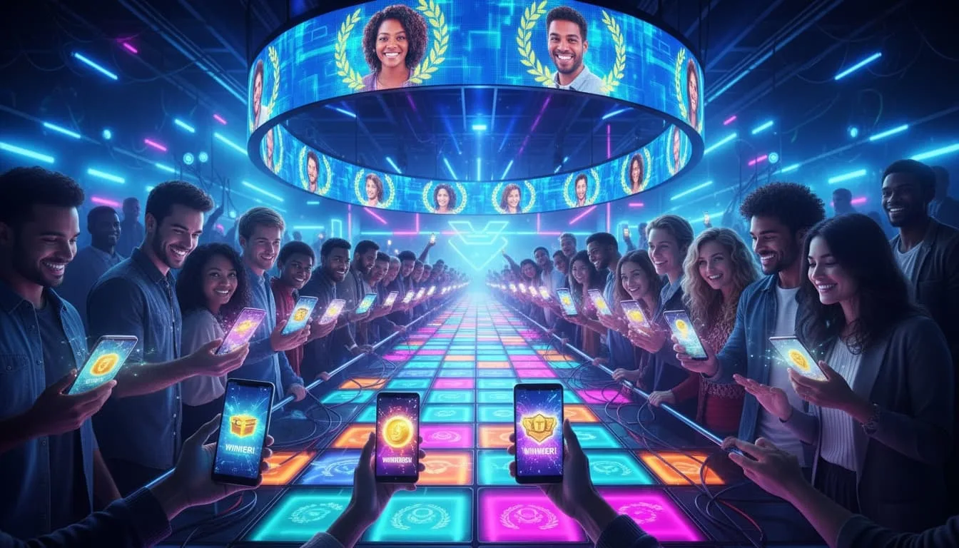 Asistentes escaneando códigos QR en un muro de premios durante un evento en vivo