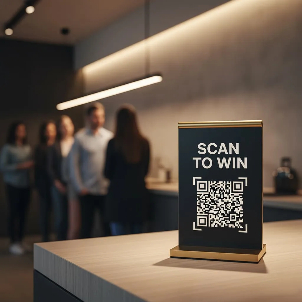 Mostrador de restaurante con una promoción 'Escanea y gana' y código QR animando a los clientes a participar