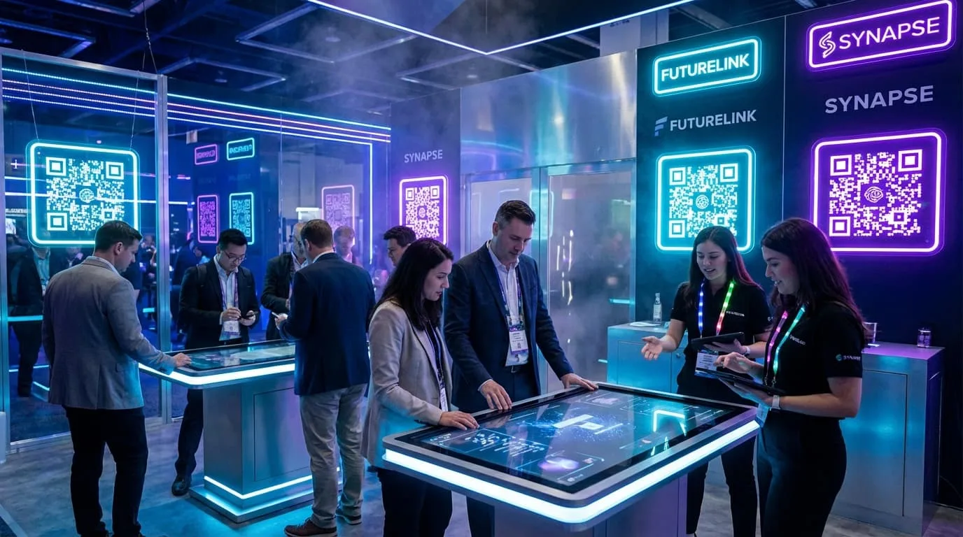 Participantes explorando zona de experiência imersiva de patrocinador com telas interativas e QR codes