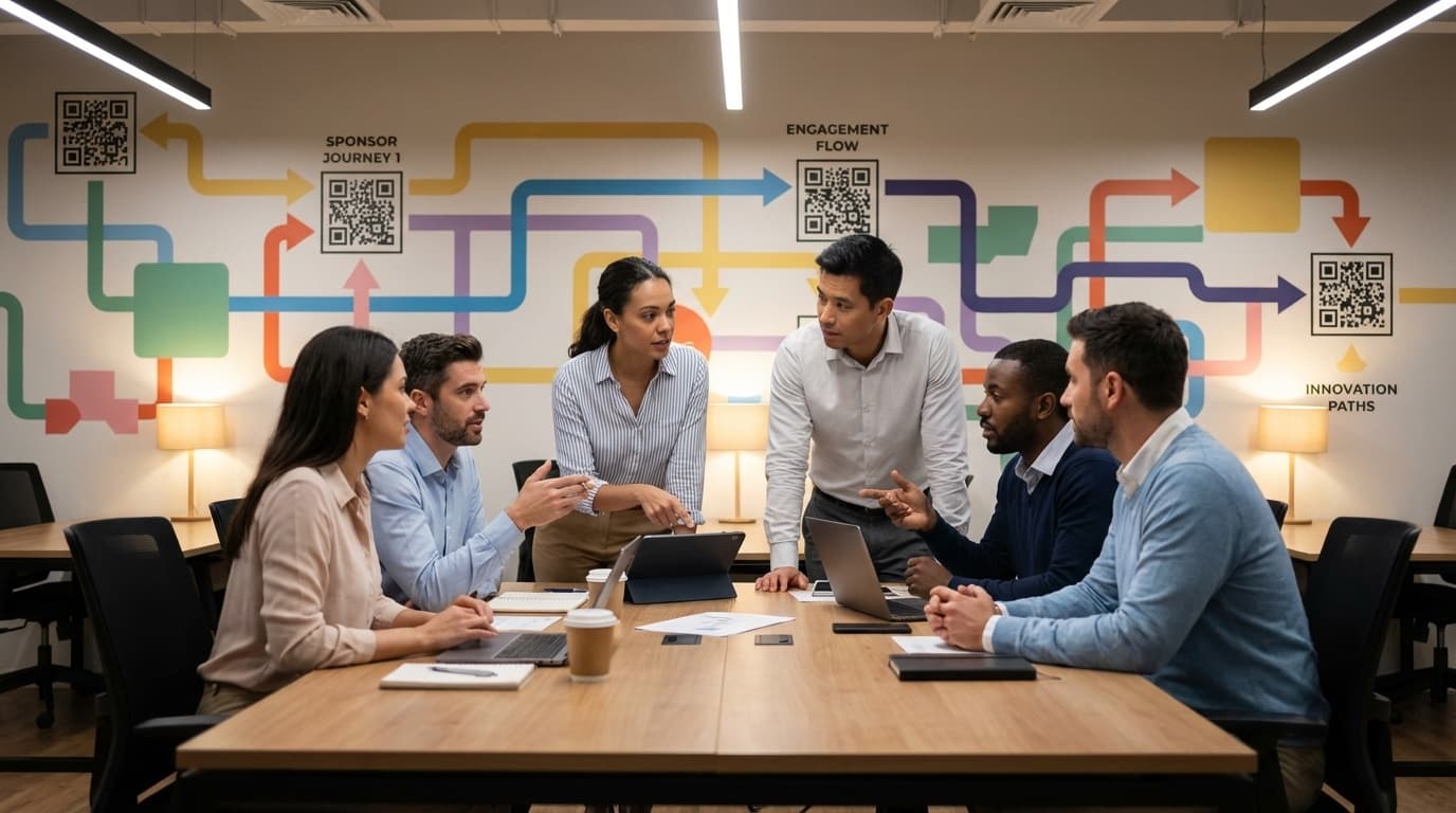 Team mapping sponsor journeys for an event on a wall with cards and arrows