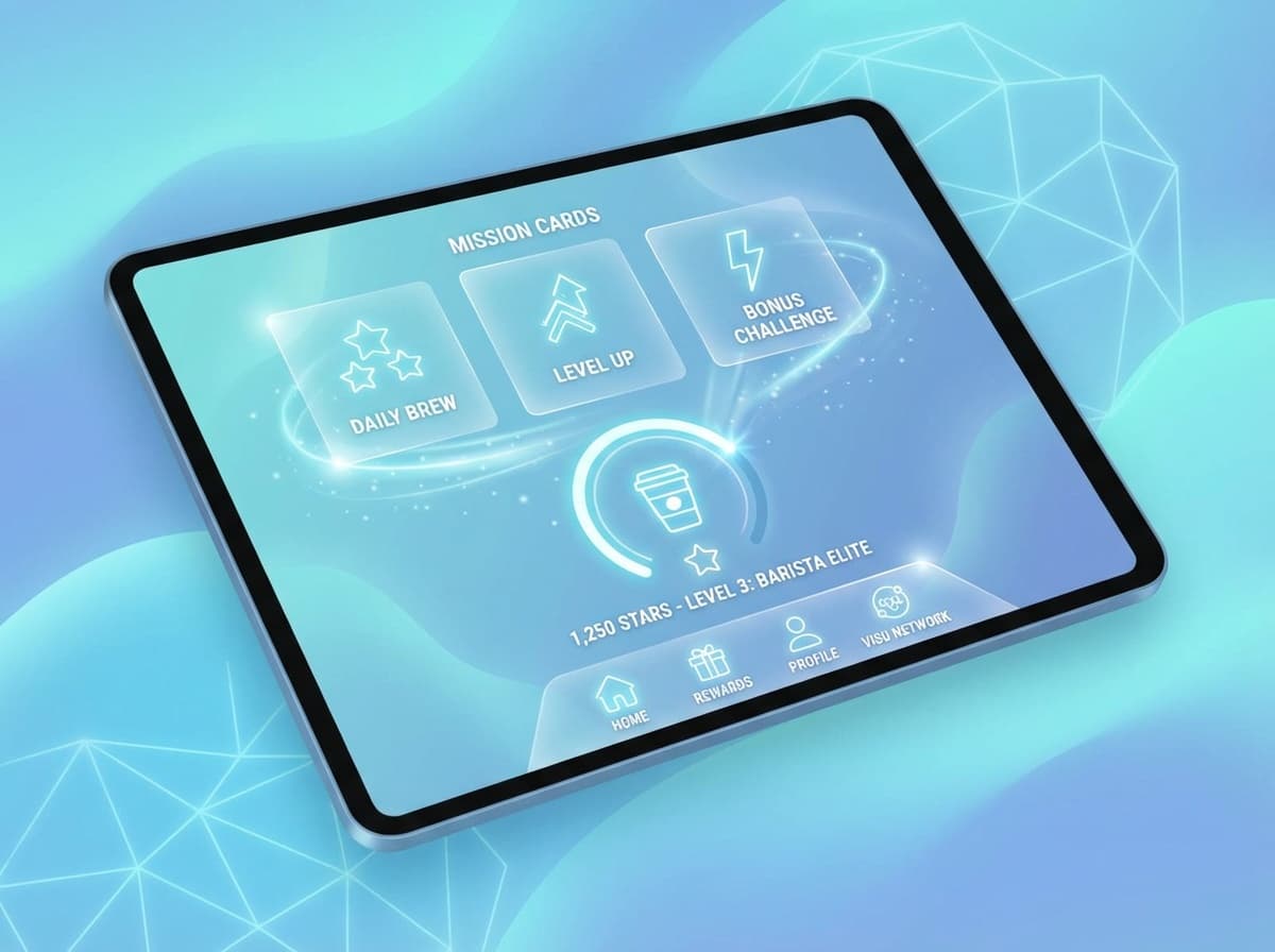 Starbucks style progress based loyalty system with stars, missions and rewards.