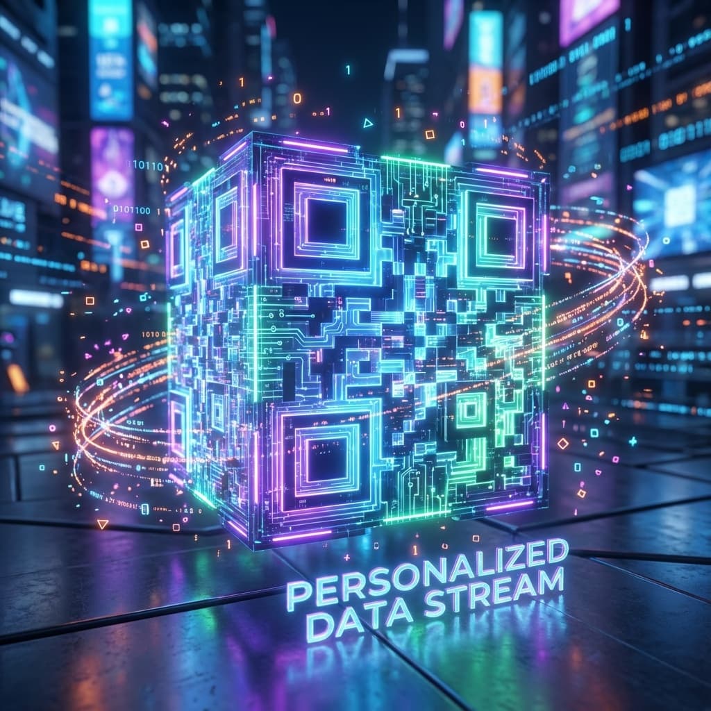 Futuristic 3D QR code rendered with neon lights and digital particles