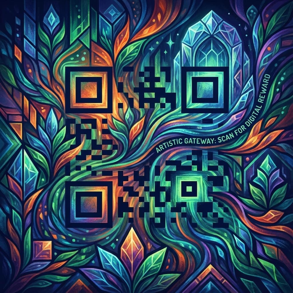 Abstract artistic QR code blended into a colorful digital artwork