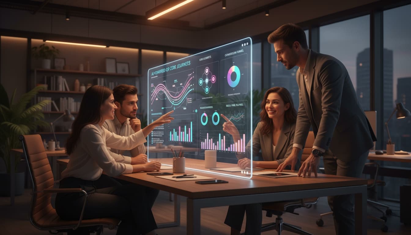 Marketing and data team looking at a dashboard with AI-powered QR code flows and real-time analytics