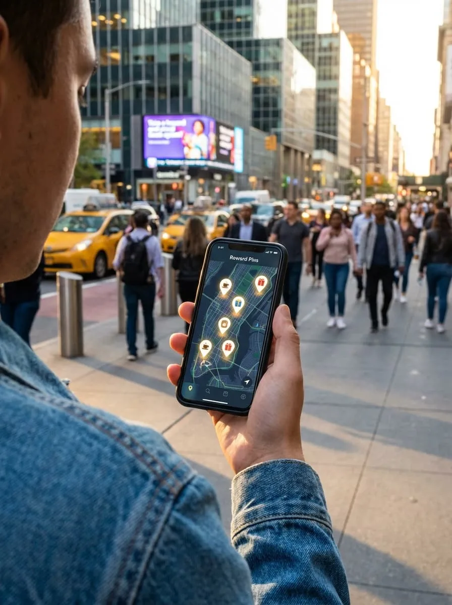 Mapa de la app VISU en modo descubrimiento mostrando códigos QR de recompensas cercanos