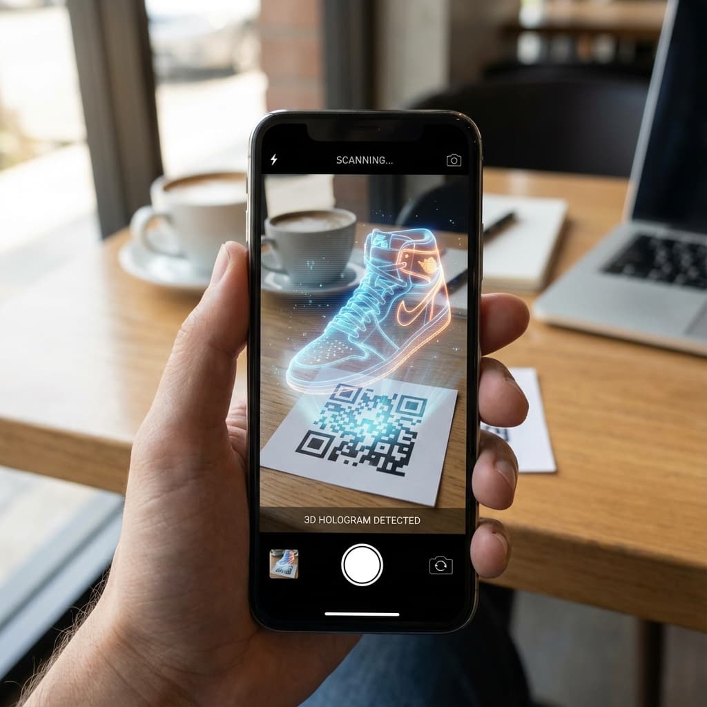 User holding phone above a product while viewing an augmented reality visualization