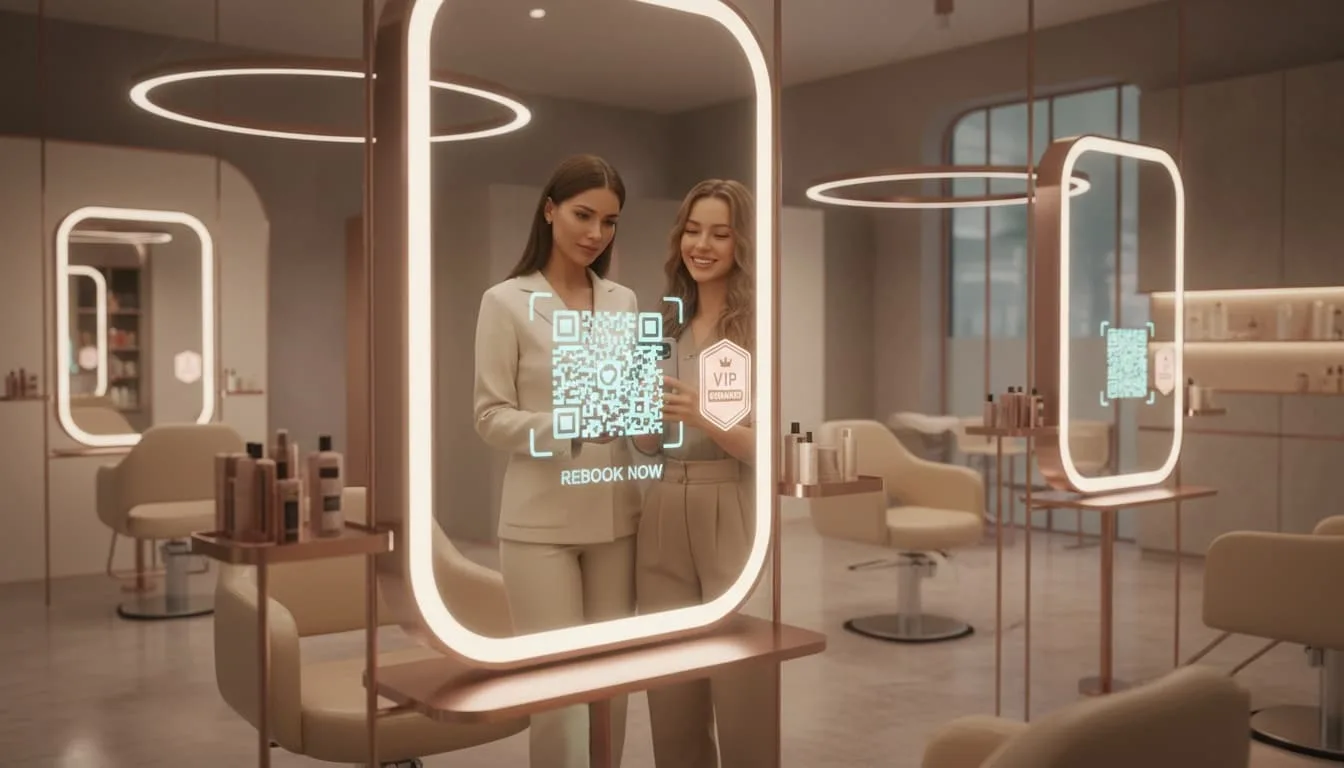 loyal beauty salon clients rebooking using qr code on mirror