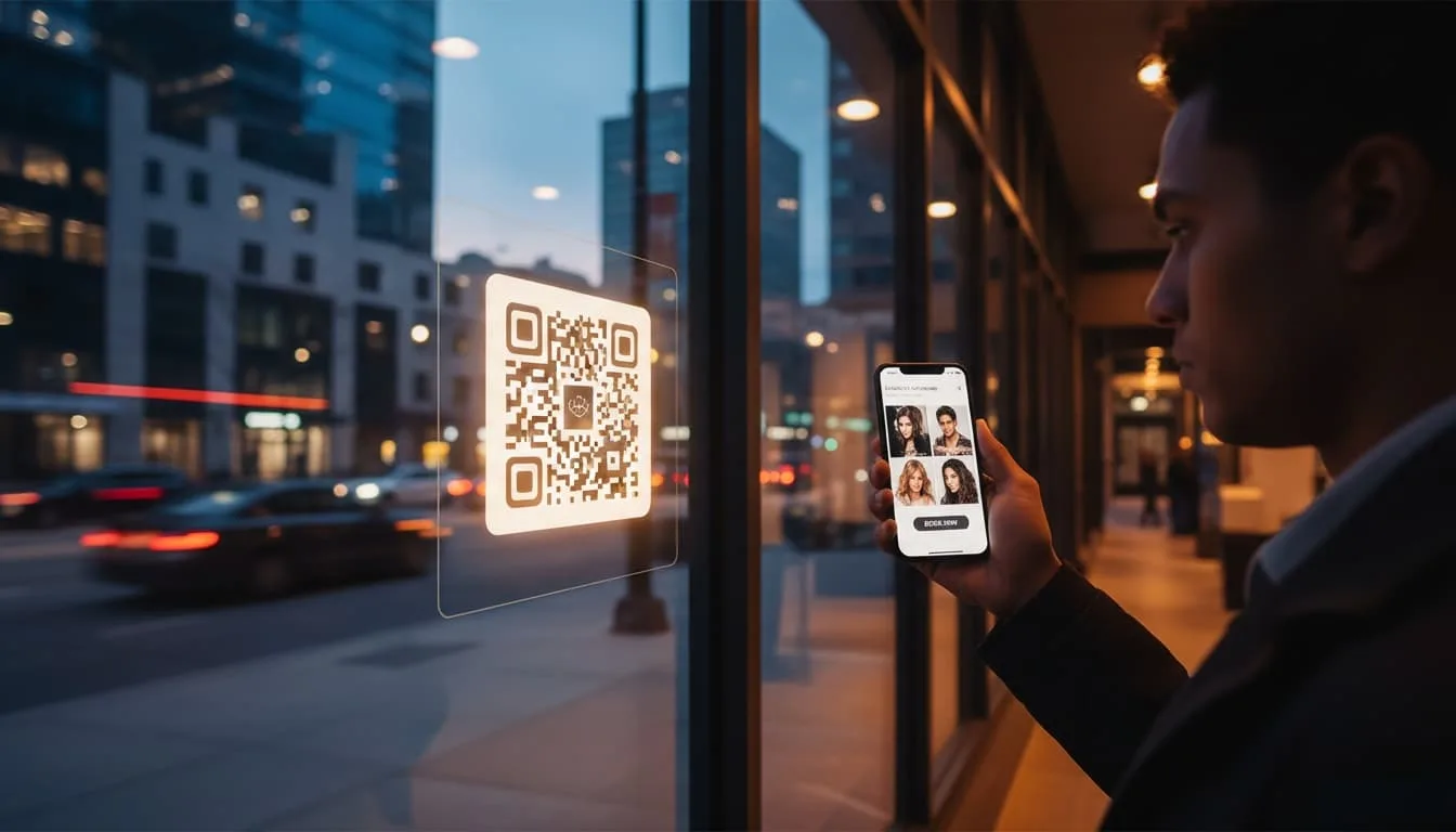 client scanning qr code in beauty salon window to view portfolio and book