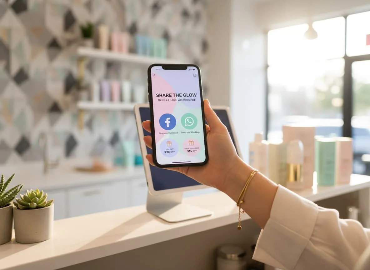beauty salon client sharing referral link after scanning qr code